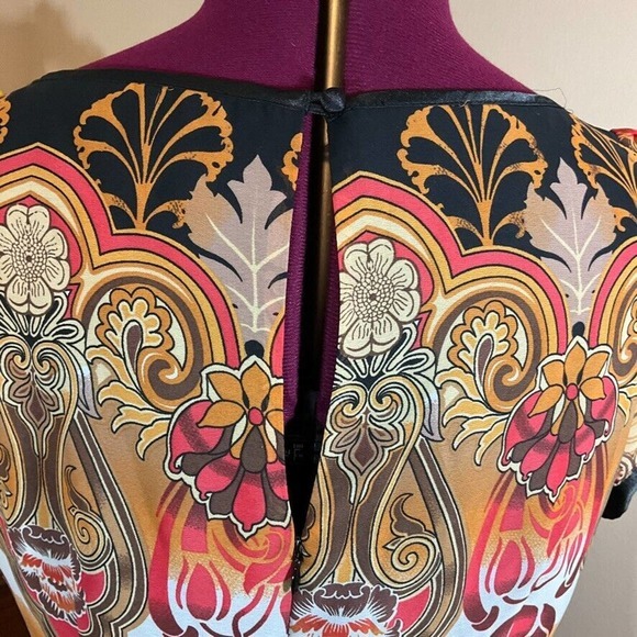 CATO Tropical Chiffon Dress Gold Red Browns Shortsleeved Lined Size 14 - Picture 8 of 16